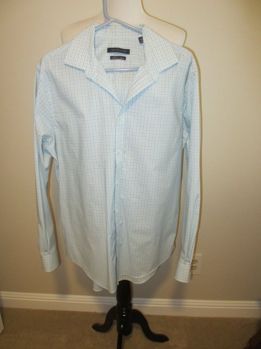 Tommy Hilfiger Mens Light Blue & Green Plaid THFlex  Long Sleeve Shirt, Lg, 16.5